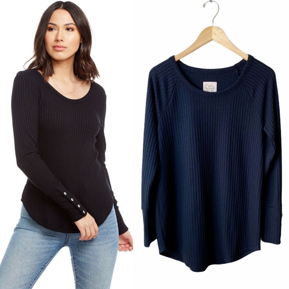 CHASER Black Thermal Waffle Knit Top Button Cuff Long Sleeve Women Large EUC